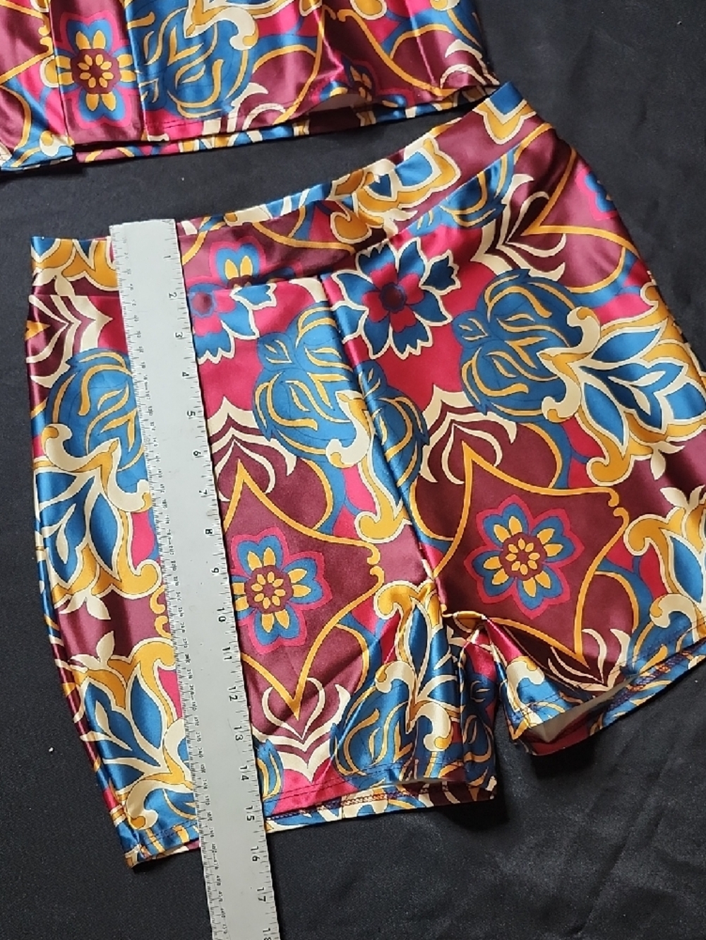 UpTown Women's Burgundy Floral Satin Short Set with Drawstring Waist - Picture 6 of 10